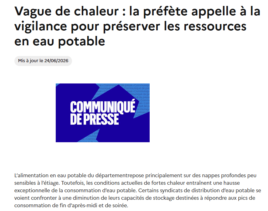 Canicule : le communiqué de presse de la préfète pour économiser l&rsquo;eau